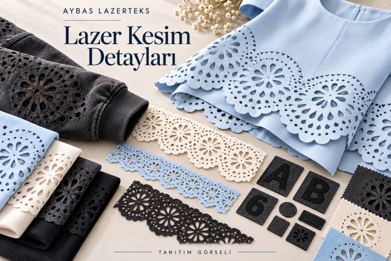 Mavi, krem ve siyah kumaşlarda çiçek desenli lazer kesim ve aplike tanıtım detayları