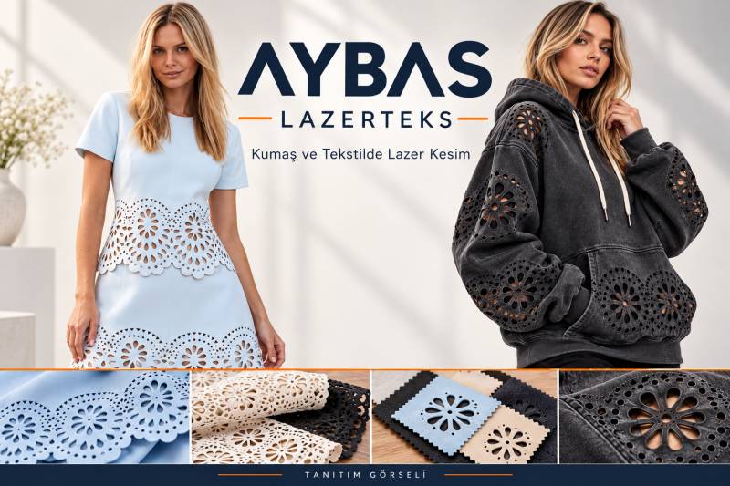 AYBAS Lazerteks mavi elbise ve antrasit sweatshirt lazer kesim tanıtım örnekleri